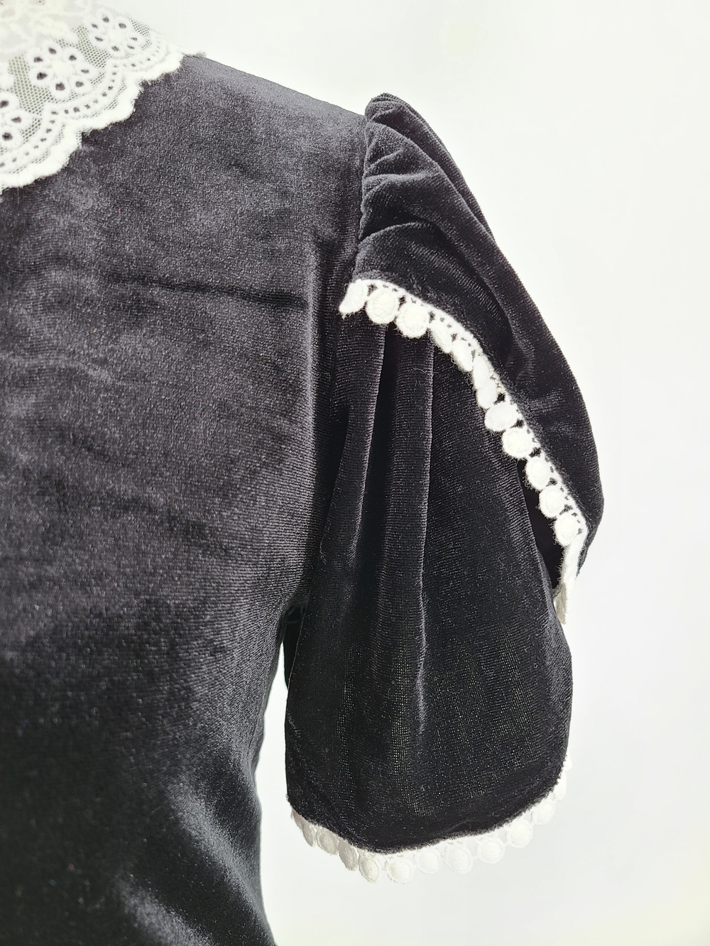Modcloth Black Velvet Midi Dress with White Lace Trim Size 16 - Picture 7 of 14
